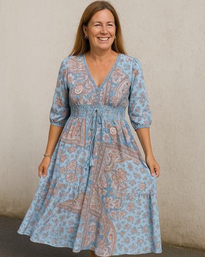 Vestido floral de manga 3/4 con volantes en el pecho y en las mangas®