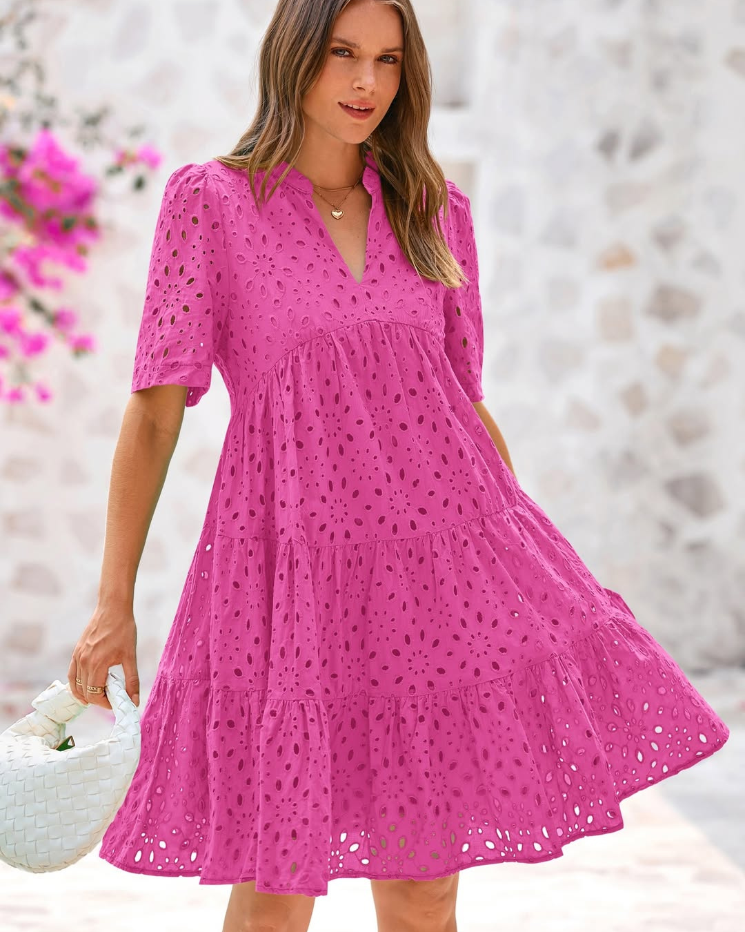 Vestido Mini Informal Elegante con Encaje Calado y Volantes para Mujer®