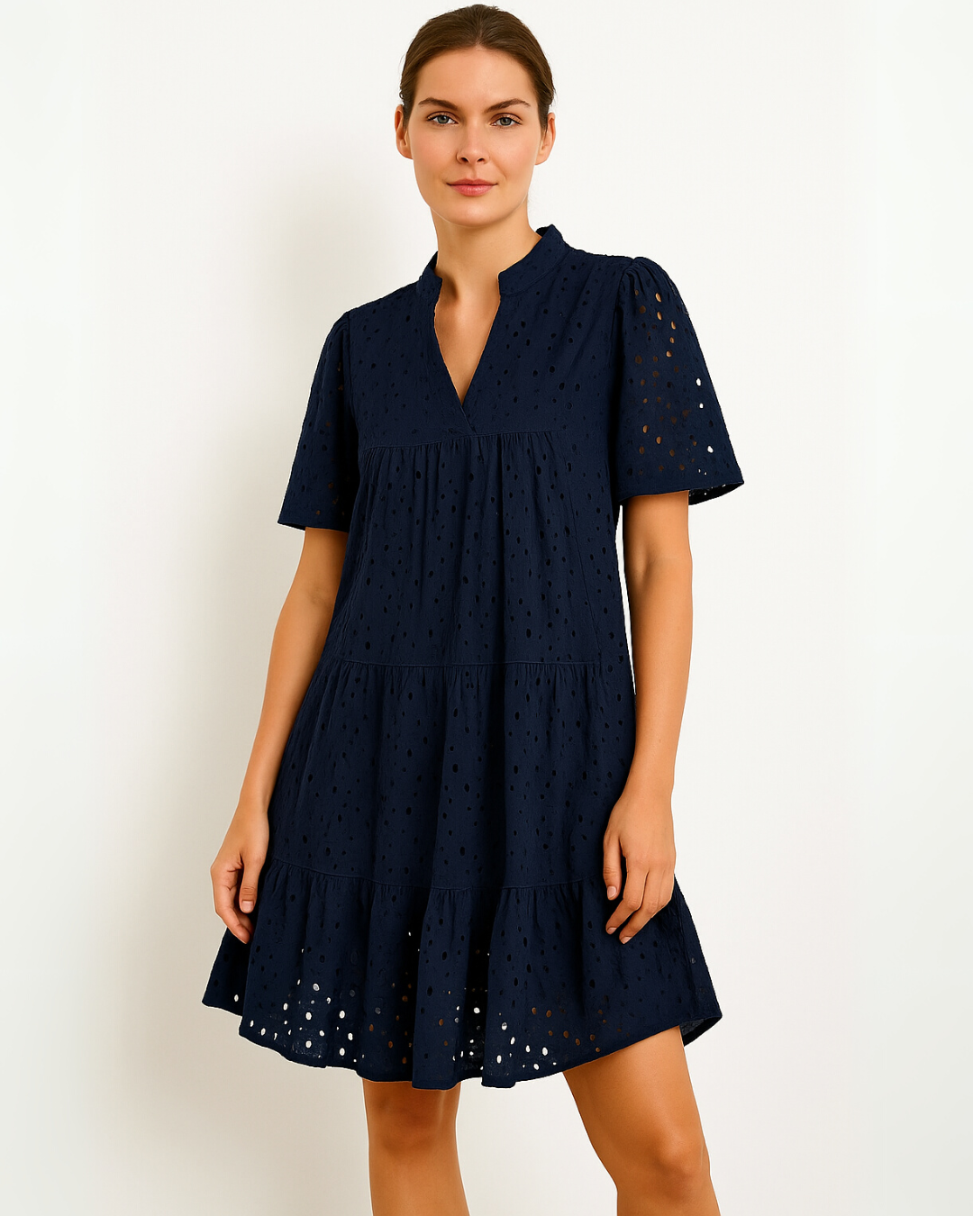 Vestido Mini Informal Elegante con Encaje Calado y Volantes para Mujer®