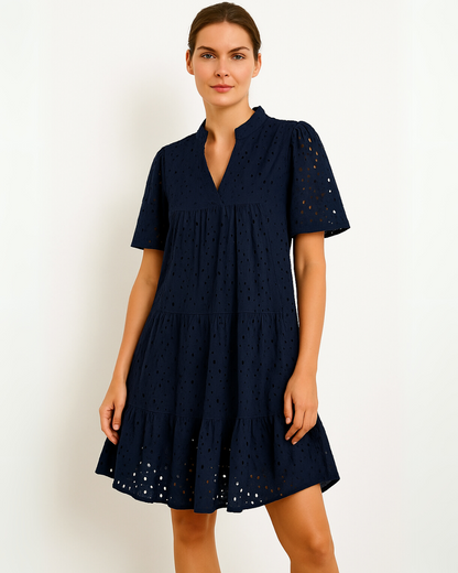Vestido Mini Informal Elegante con Encaje Calado y Volantes para Mujer®